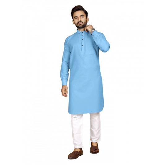 Amfyn Men's Cotton Blend Solid Full Sleeve Knee Length Kurta (Light Blue)