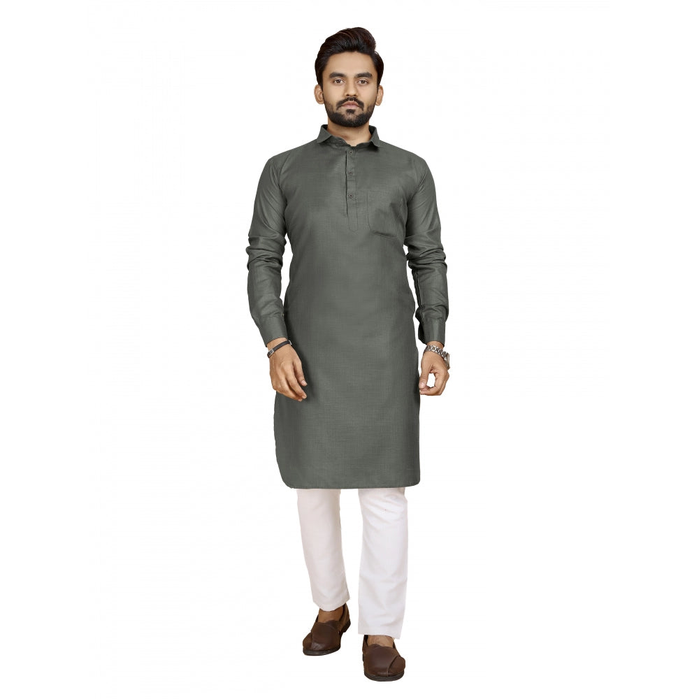 Amfyn Men's Cotton Blend Solid Full Sleeve Knee Length Kurta (Dark Green)