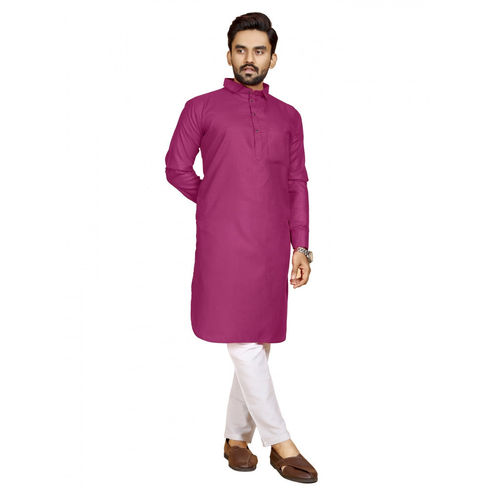 Amfyn Men's Cotton Blend Solid Full Sleeve Knee Length Kurta (Pink)