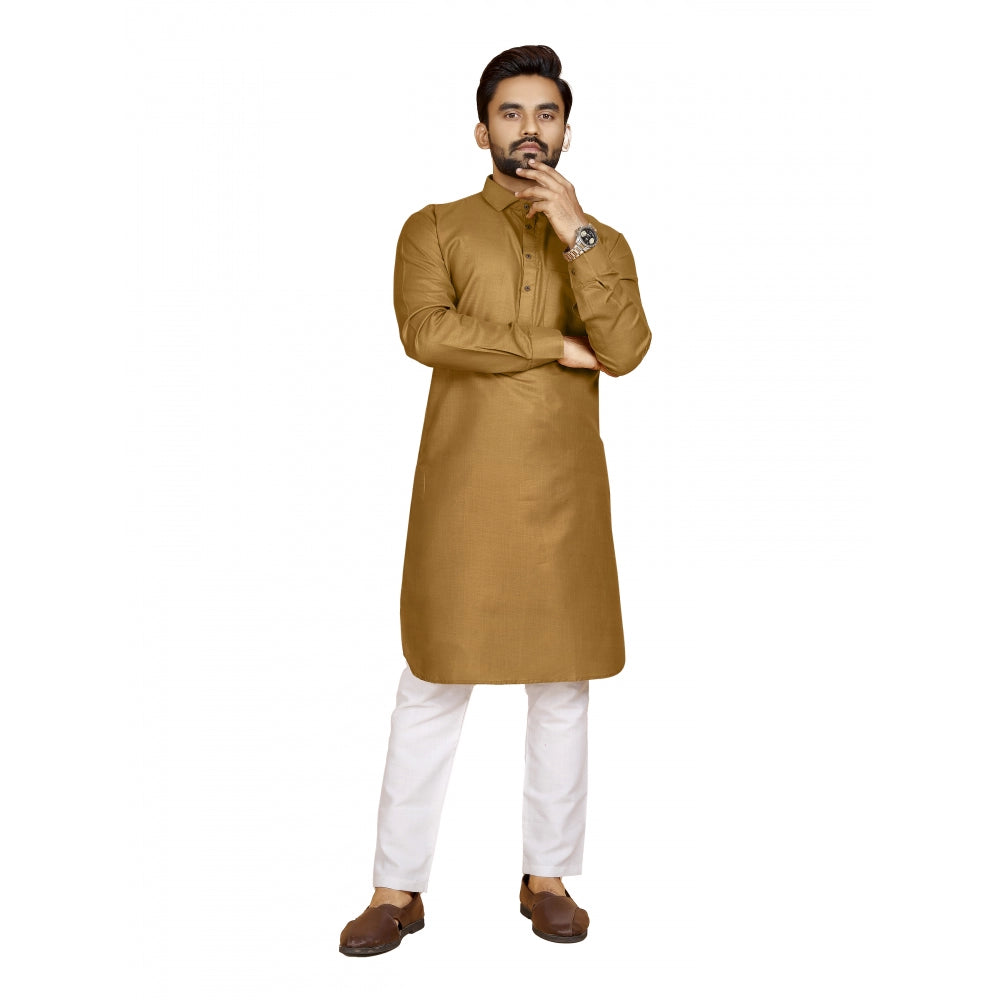 Amfyn Men's Cotton Blend Solid Full Sleeve Knee Length Kurta (Brown)