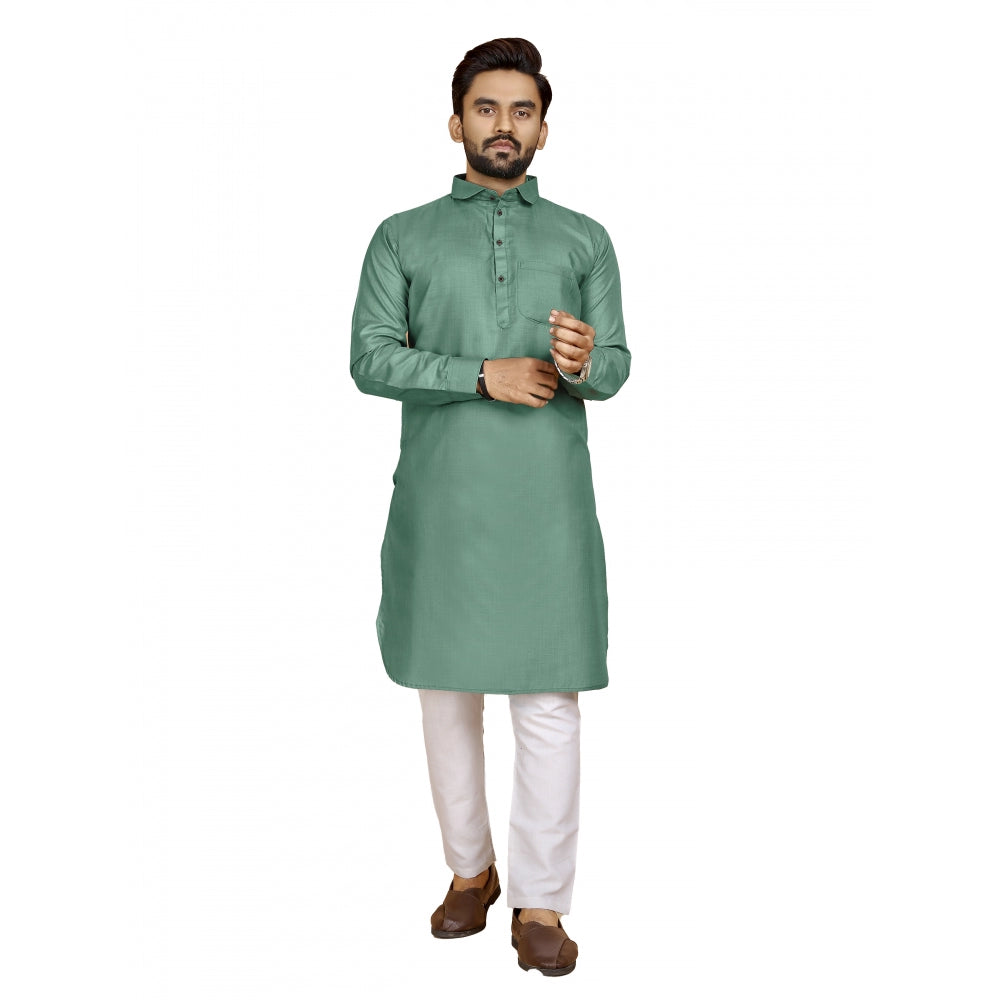Amfyn Men's Cotton Blend Solid Full Sleeve Knee Length Kurta (Green)