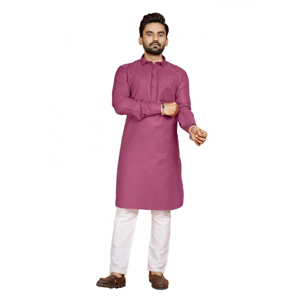 Amfyn Men's Cotton Blend Solid Full Sleeve Knee Length Kurta (Pink)