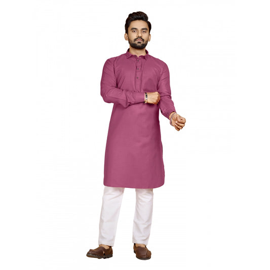 Amfyn Men's Cotton Blend Solid Full Sleeve Knee Length Kurta (Pink)