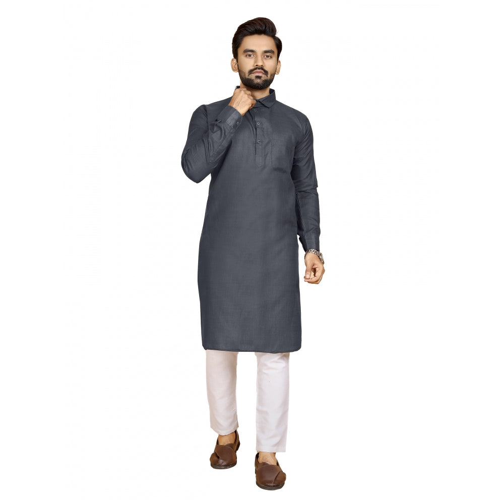 Amfyn Men's Cotton Blend Solid Full Sleeve Knee Length Kurta (Black)