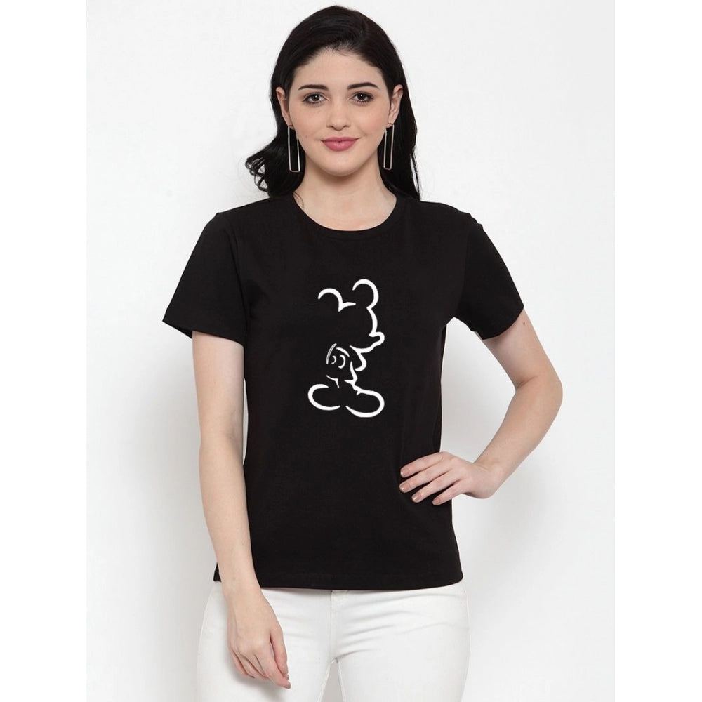 Amfyn Women's Cotton Blend Mickey Mouse Line Art Printed T-Shirt (Black)