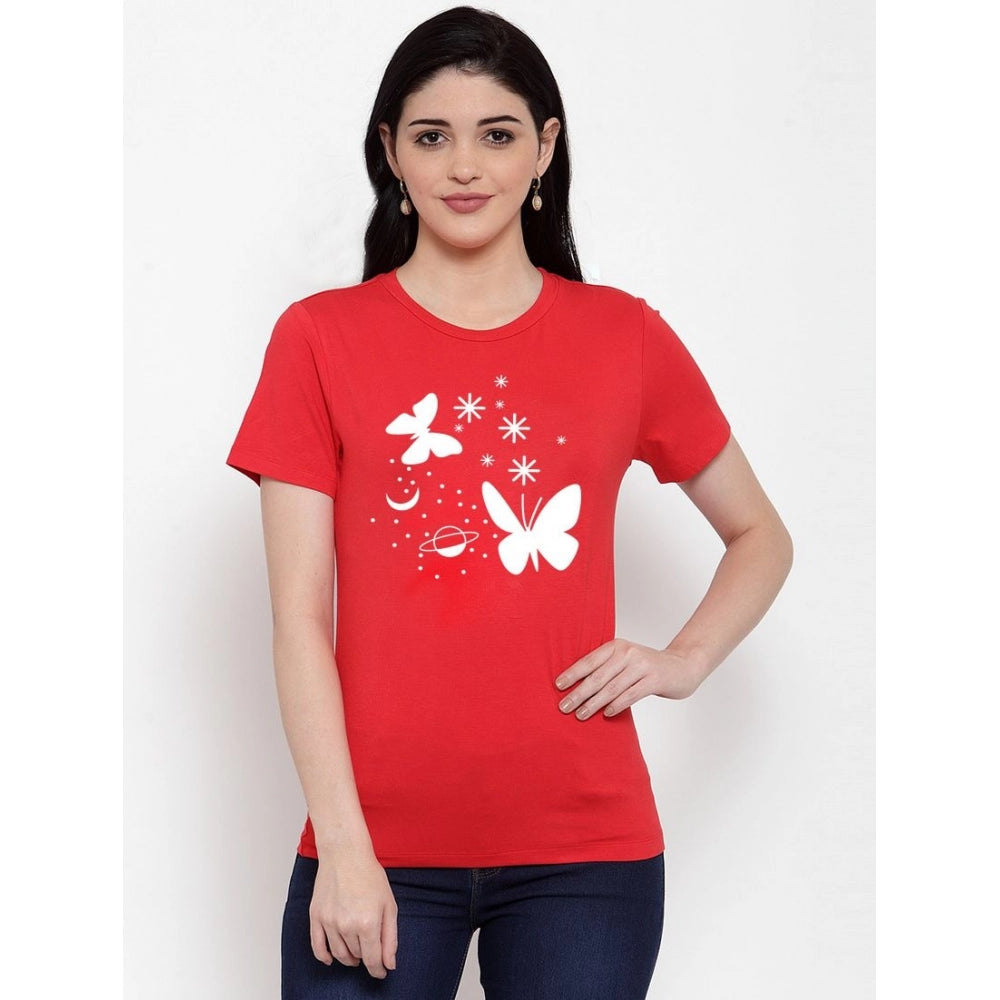 Amfyn Women's Cotton Blend Butterfly With Star Printed T-Shirt (Red)