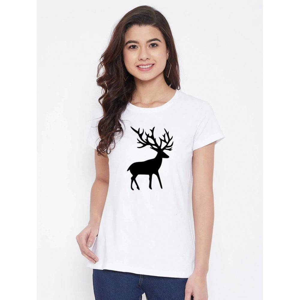 Amfyn Women's Cotton Blend Deer Printed T-Shirt (White)