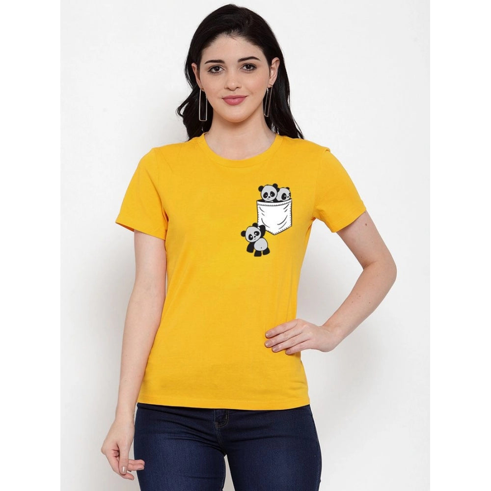 Amfyn Women's Cotton Blend Pandas In My Pocket Printed T-Shirt (Yellow)