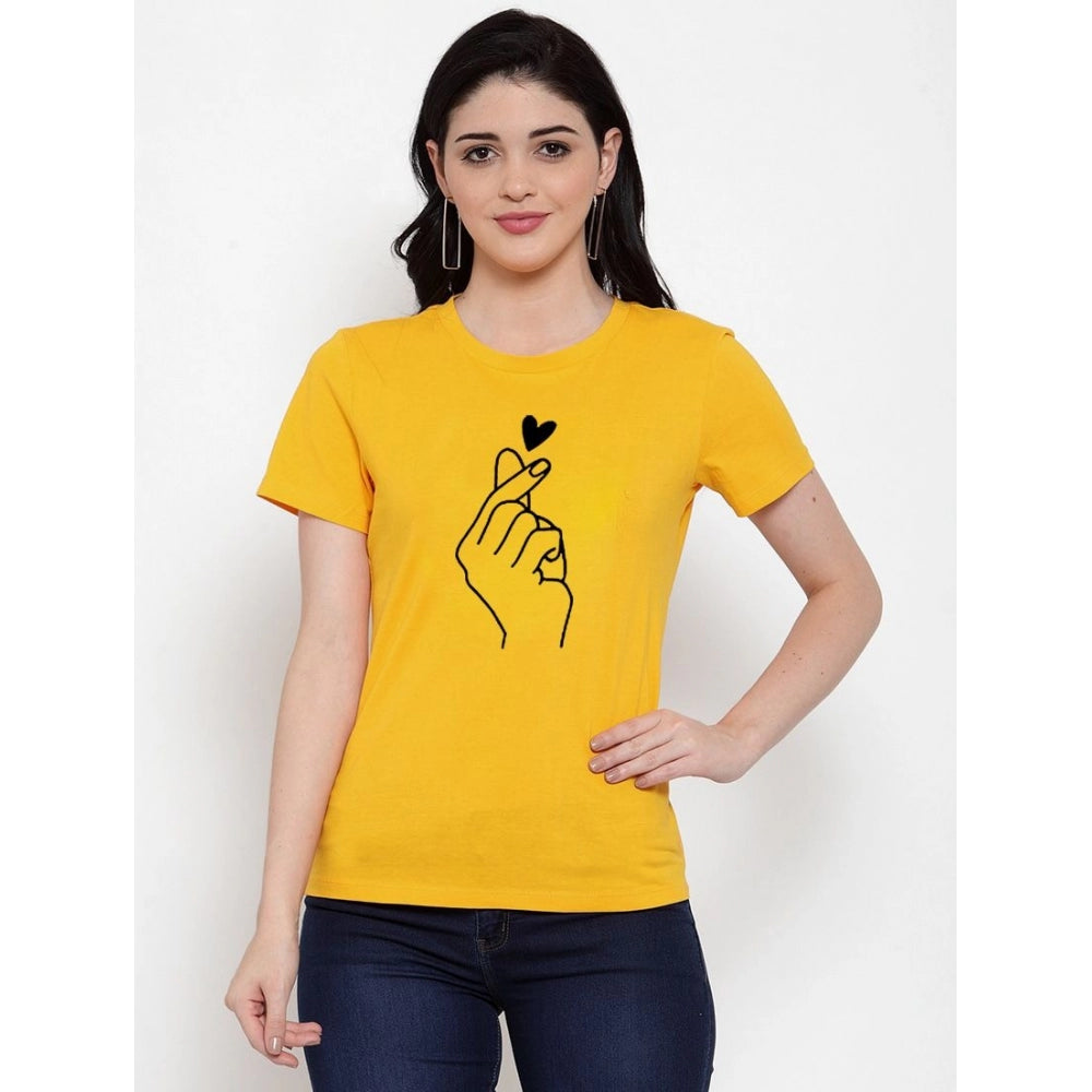 Amfyn Women's Cotton Blend Hand Heart Line Art Printed T-Shirt (Yellow)