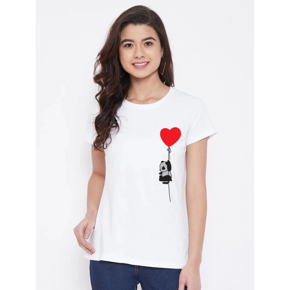 Amfyn Women's Cotton Blend Panda With Heart Balloon Printed T-Shirt (White)