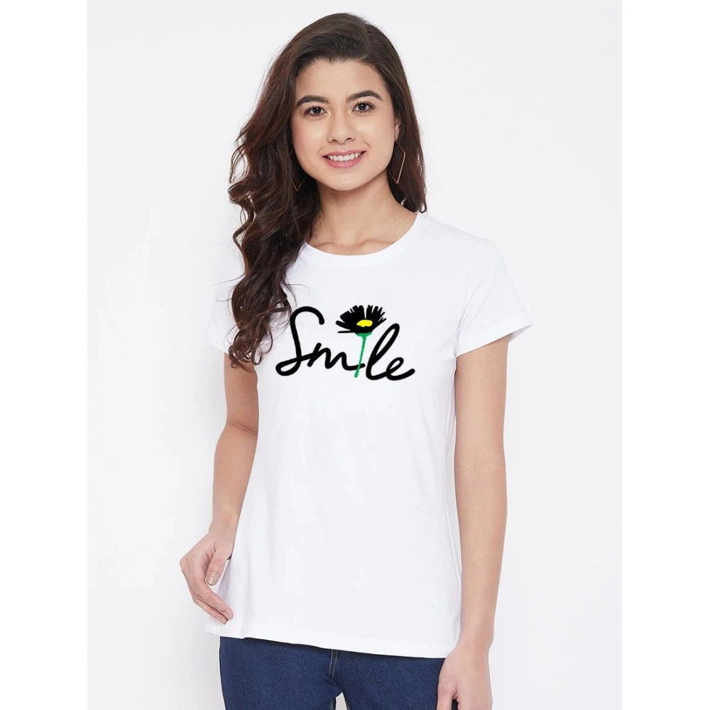 Amfyn Women's Cotton Blend Smile With Flower Printed T-Shirt (White)