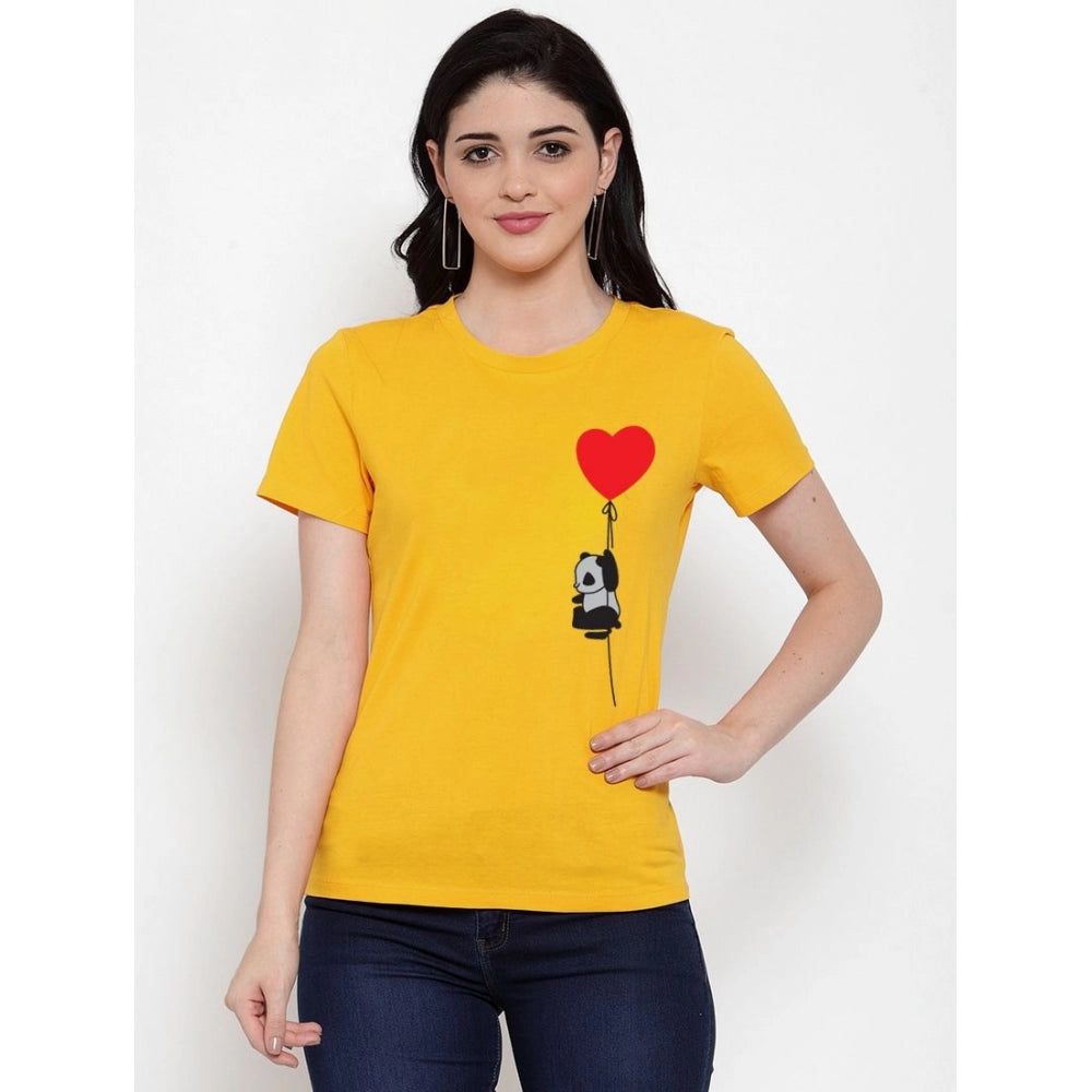 Amfyn Women's Cotton Blend Panda With Heart Balloon Printed T-Shirt (Yellow)