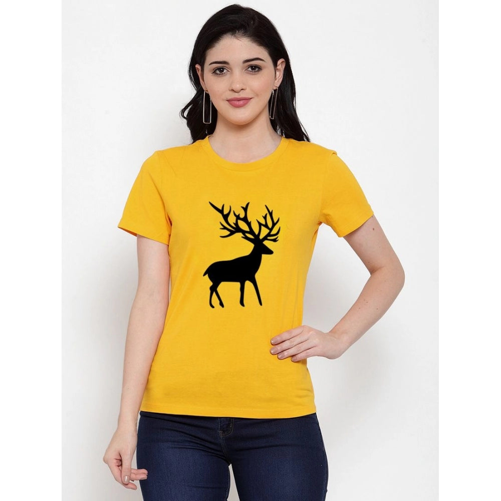 Amfyn Women's Cotton Blend Deer Printed T-Shirt (Yellow)