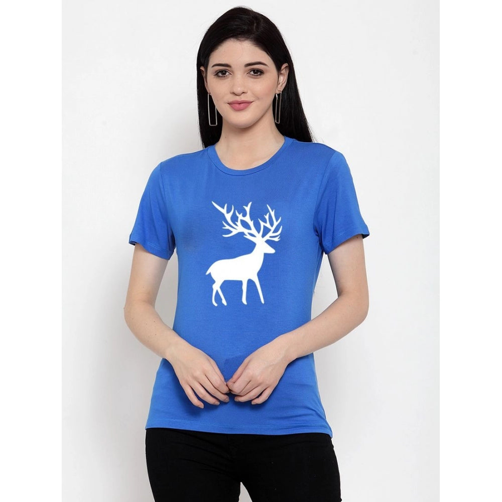 Amfyn Women's Cotton Blend Deer Printed T-Shirt (Blue)