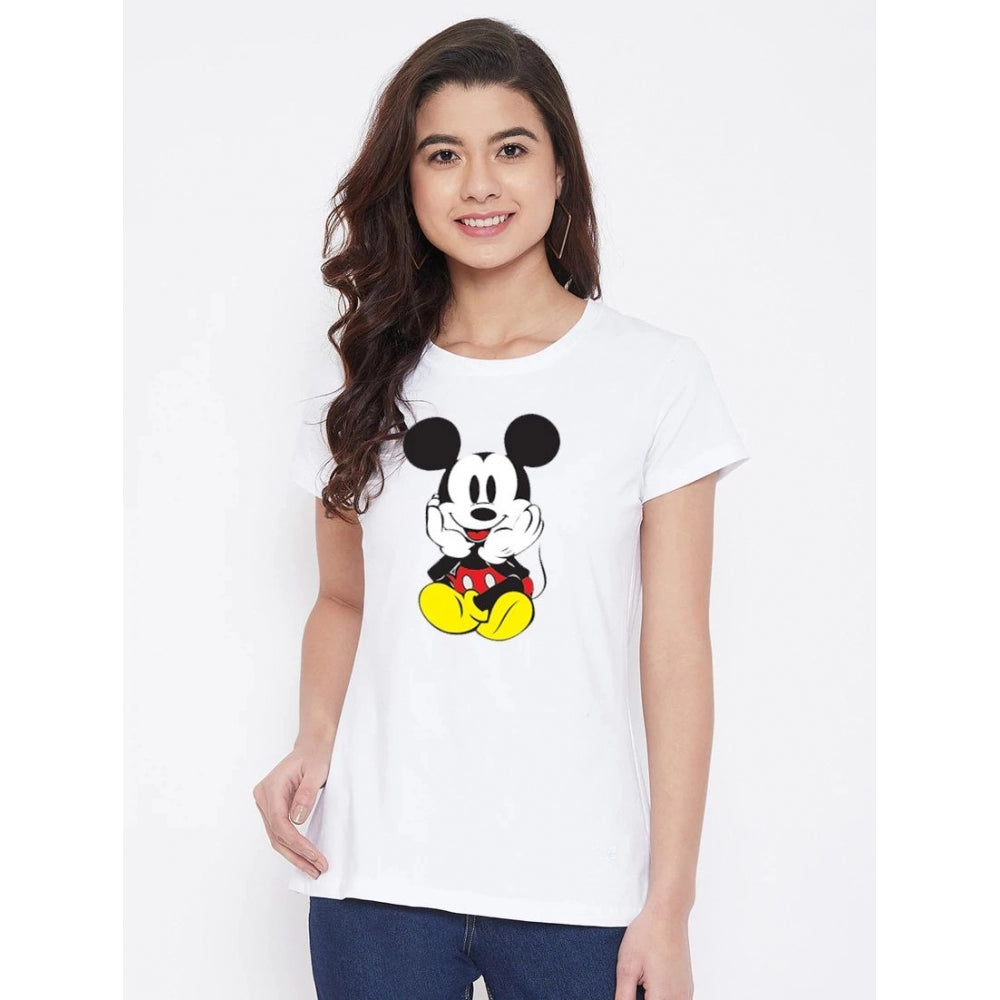 Amfyn Women's Cotton Blend Mickey Mouse Printed T-Shirt (White)