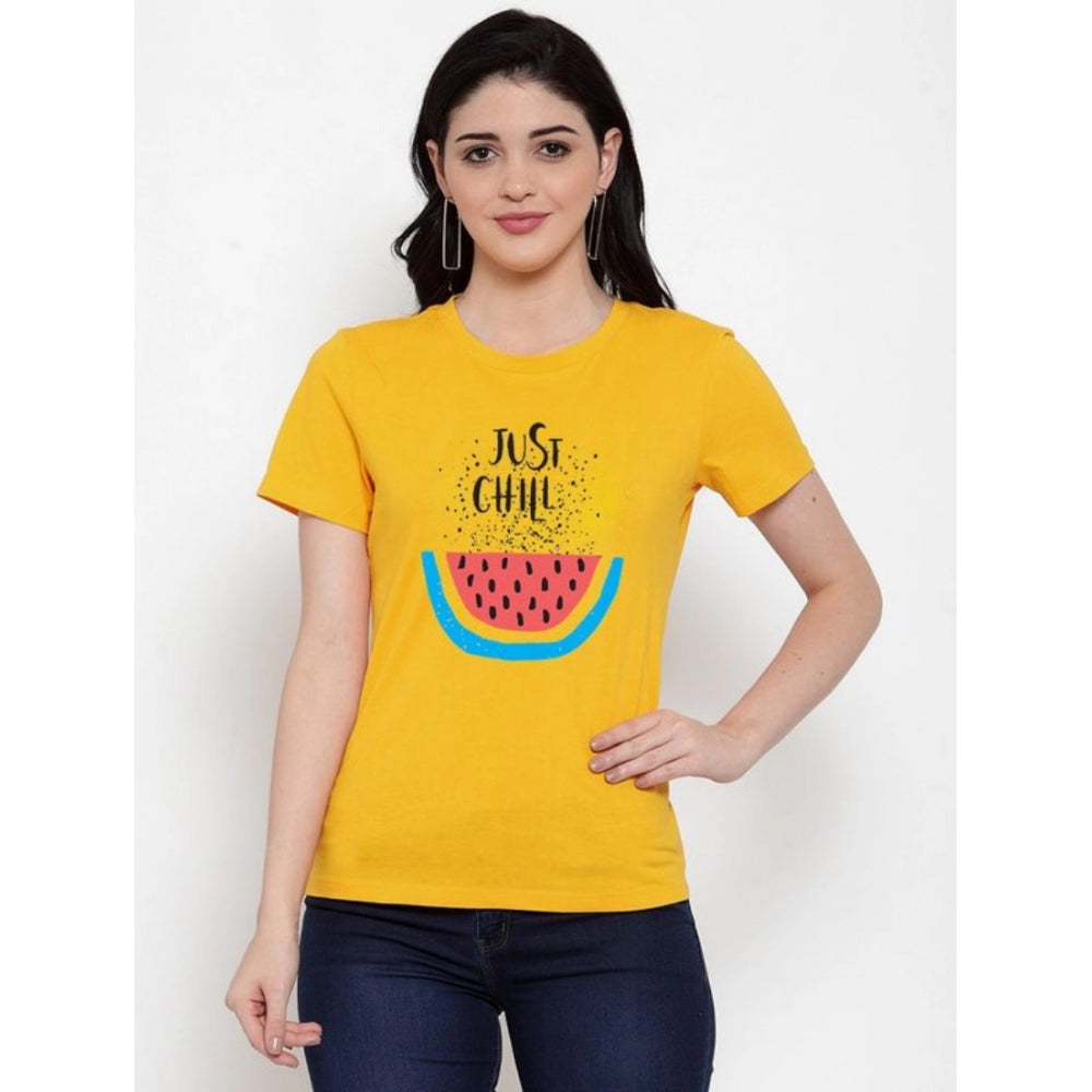 Amfyn Women's Cotton Blend Just Chill Printed T-Shirt (Yellow)