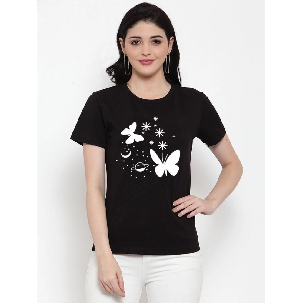 Amfyn Women's Cotton Blend Butterfly With Star Printed T-Shirt (Black)