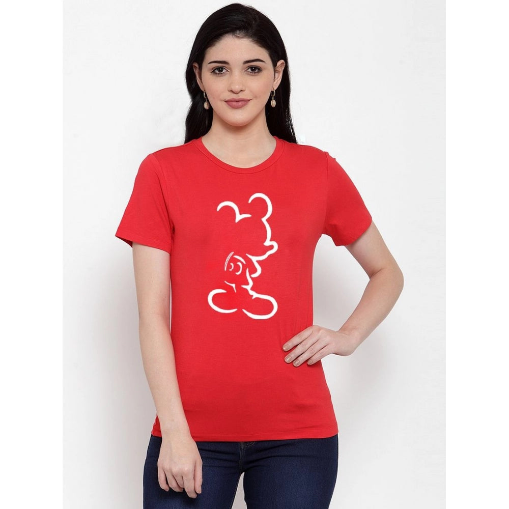 Amfyn Women's Cotton Blend Mickey Mouse Line Art Printed T-Shirt (Red)