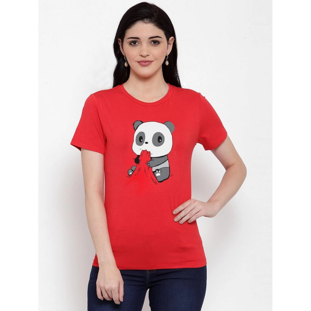 Amfyn Women's Cotton Blend Panda Bites Printed T-Shirt (Red)