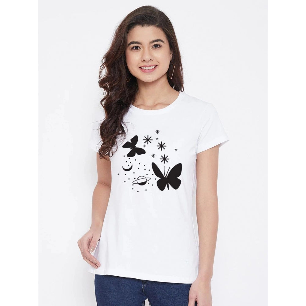 Amfyn Women's Cotton Blend Butterfly With Star Printed T-Shirt (White)