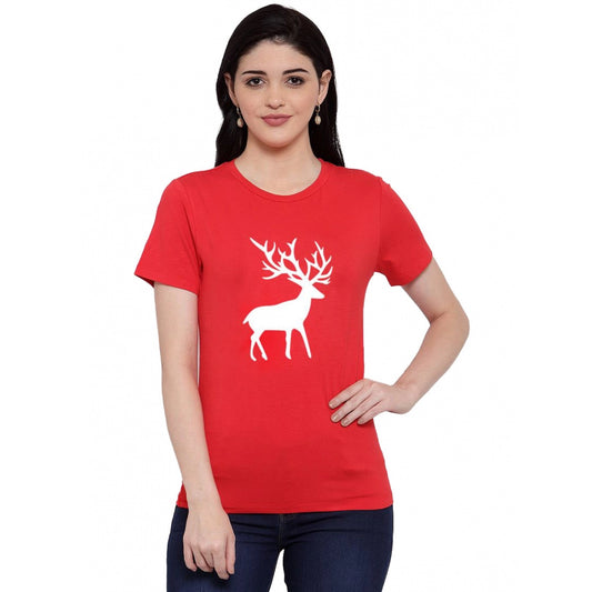 Amfyn Women's Cotton Blend Deer Printed T-Shirt (Red)
