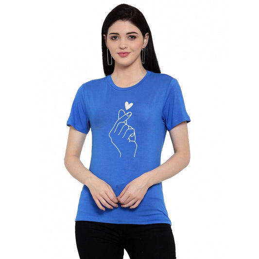 Amfyn Women's Cotton Blend Hand Heart Line Art Printed T-Shirt (Blue)