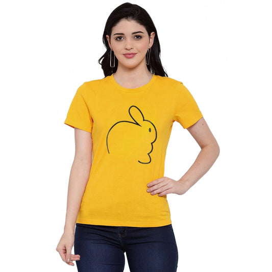 Amfyn Women's Cotton Blend Rabbit Line Art Printed T-Shirt (Yellow)