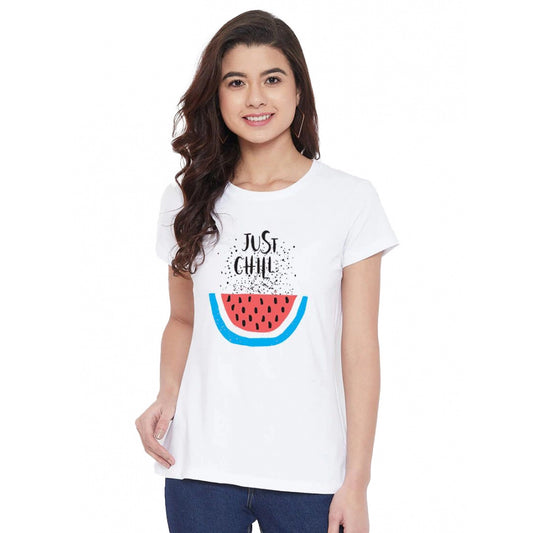 Amfyn Women's Cotton Blend Just Chill Printed T-Shirt (White)
