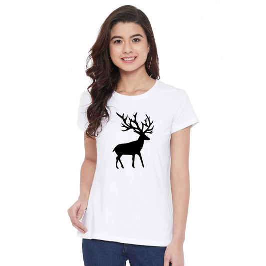 Amfyn Women's Cotton Blend Deer Printed T-Shirt (White)