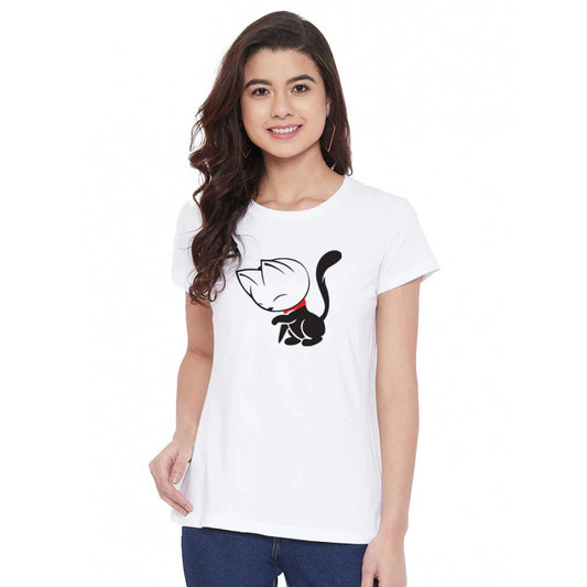 Amfyn Women's Cotton Blend Cat Printed T-Shirt (White)