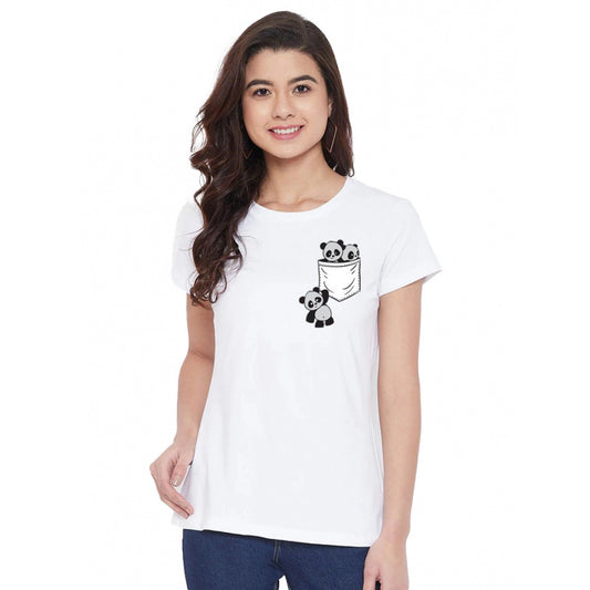 Amfyn Women's Cotton Blend Pandas In My Pocket Printed T-Shirt (White)