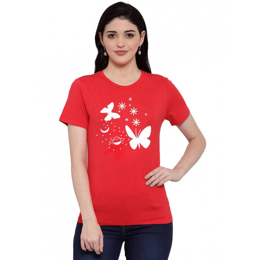 Amfyn Women's Cotton Blend Butterfly With Star Printed T-Shirt (Red)