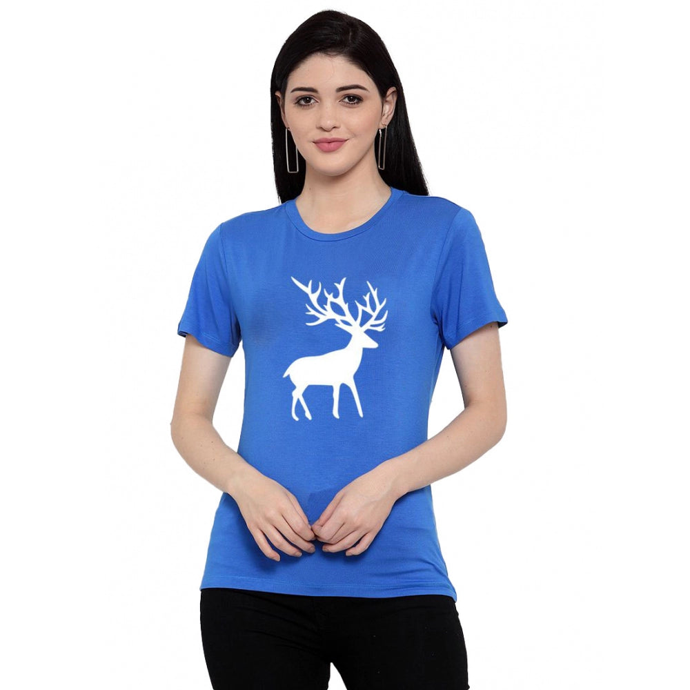 Amfyn Women's Cotton Blend Deer Printed T-Shirt (Blue)