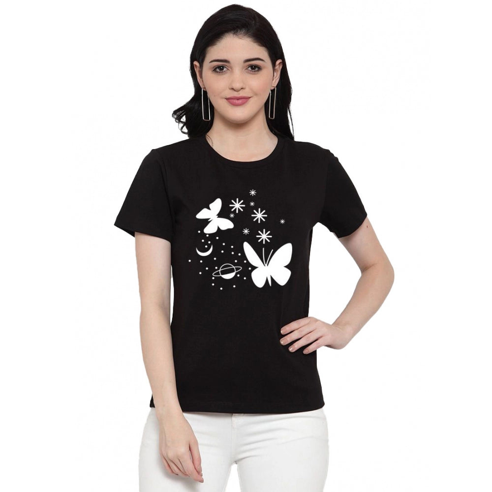 Amfyn Women's Cotton Blend Butterfly With Star Printed T-Shirt (Black)