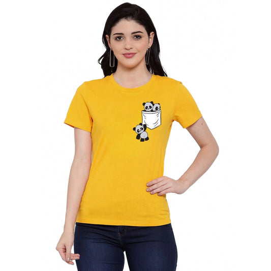 Amfyn Women's Cotton Blend Pandas In My Pocket Printed T-Shirt (Yellow)