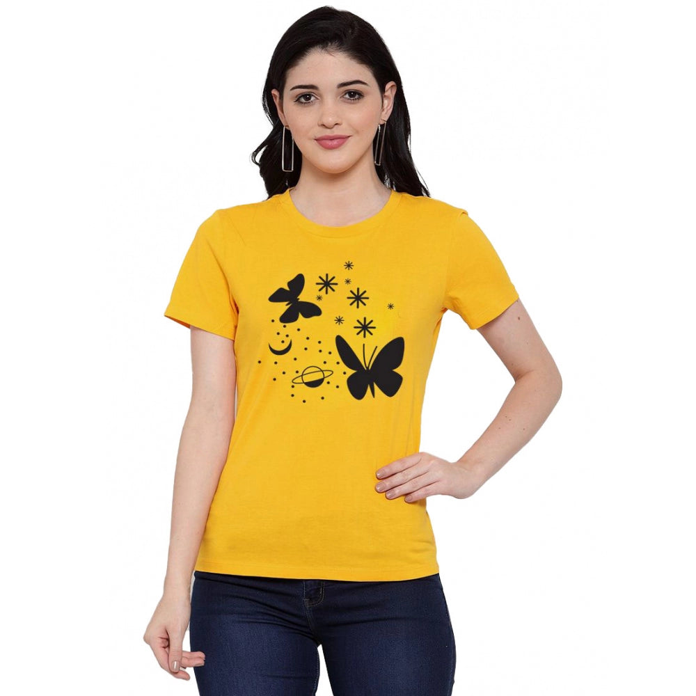 Amfyn Women's Cotton Blend Butterfly With Star Printed T-Shirt (Yellow)