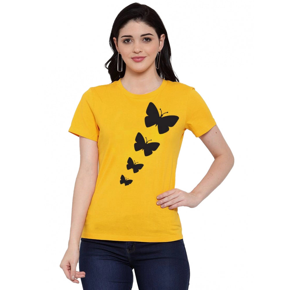 Amfyn Women's Cotton Blend Butterflies Printed T-Shirt (Yellow)