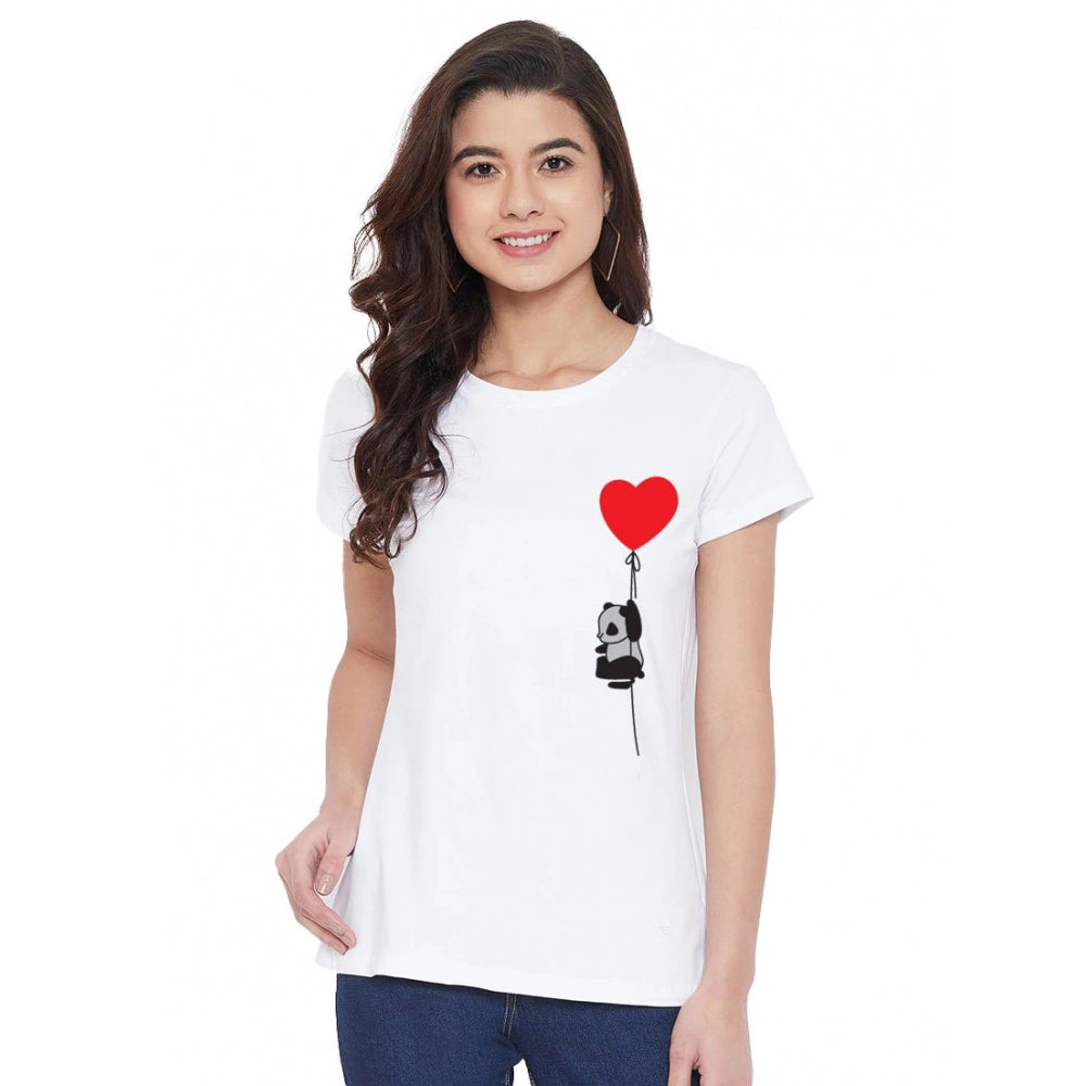 Amfyn Women's Cotton Blend Panda With Heart Balloon Printed T-Shirt (White)