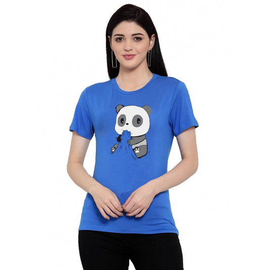 Amfyn Women's Cotton Blend Panda Bites Printed T-Shirt (Blue)