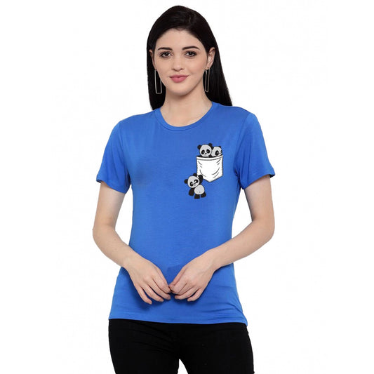 Amfyn Women's Cotton Blend Pandas In My Pocket Printed T-Shirt (Blue)