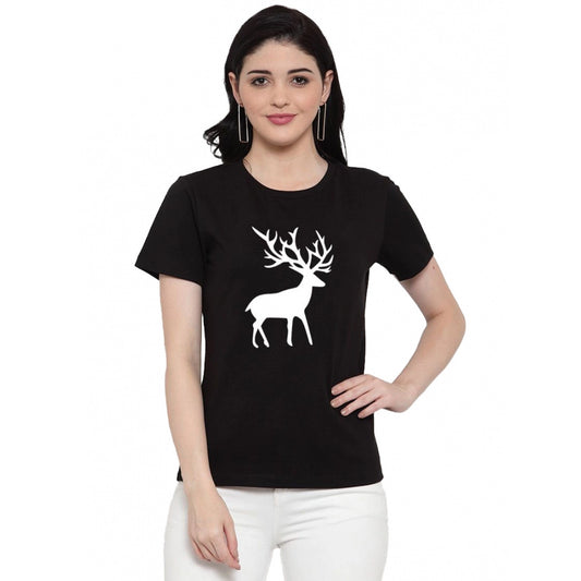 Amfyn Women's Cotton Blend Deer Printed T-Shirt (Black)