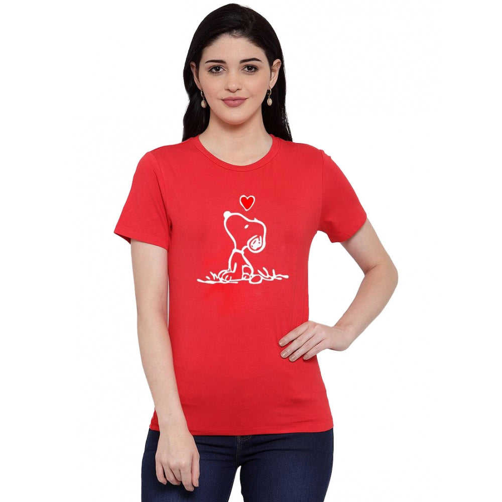 Amfyn Women's Cotton Blend Snoopy Peanuts Inspired Cartoon Printed T-Shirt (Red)