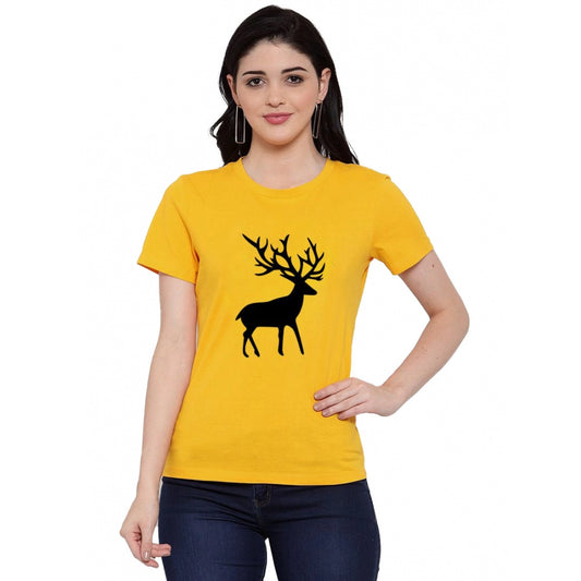 Amfyn Women's Cotton Blend Deer Printed T-Shirt (Yellow)