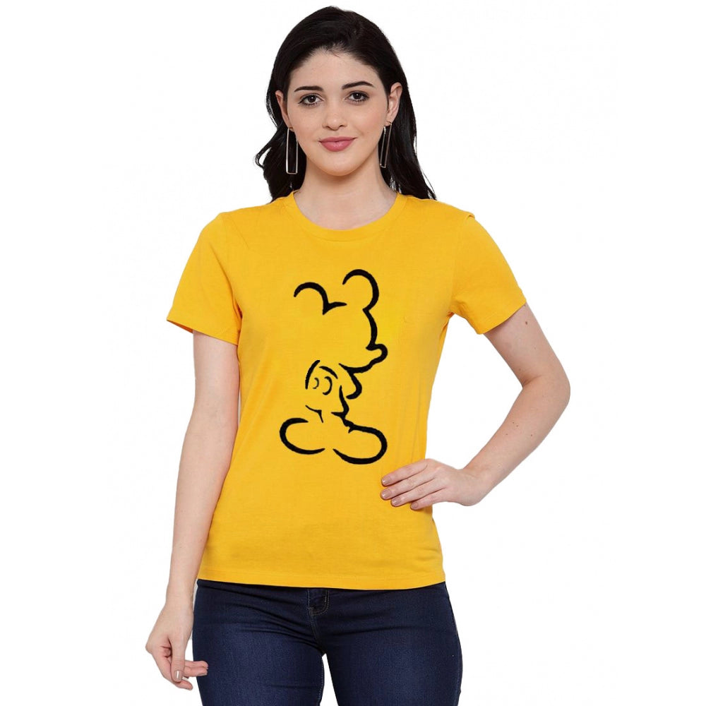 Amfyn Women's Cotton Blend Mickey Mouse Line Art Printed T-Shirt (Yellow)