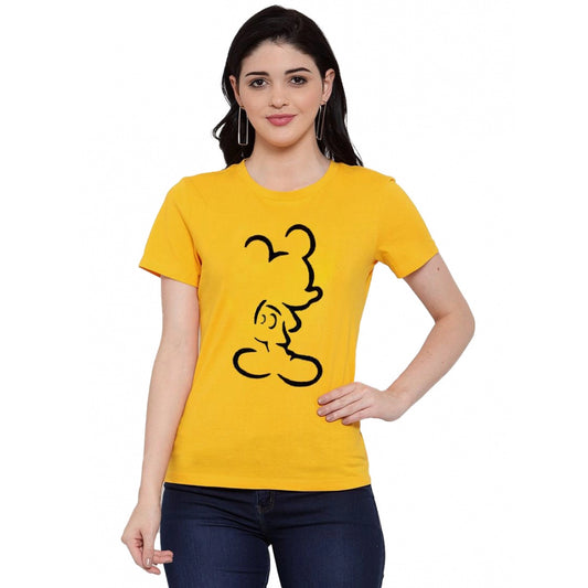 Amfyn Women's Cotton Blend Mickey Mouse Line Art Printed T-Shirt (Yellow)