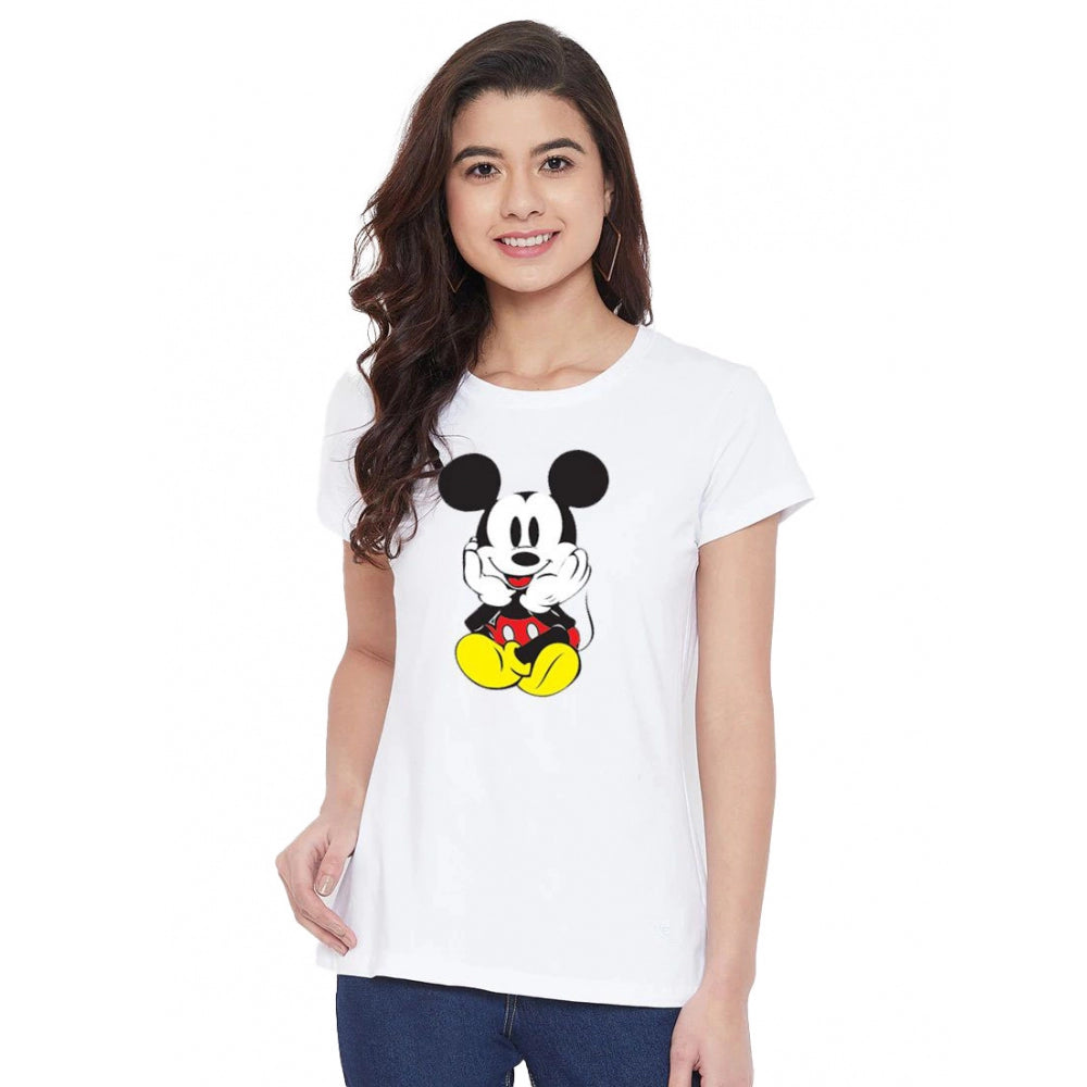 Amfyn Women's Cotton Blend Mickey Mouse Printed T-Shirt (White)