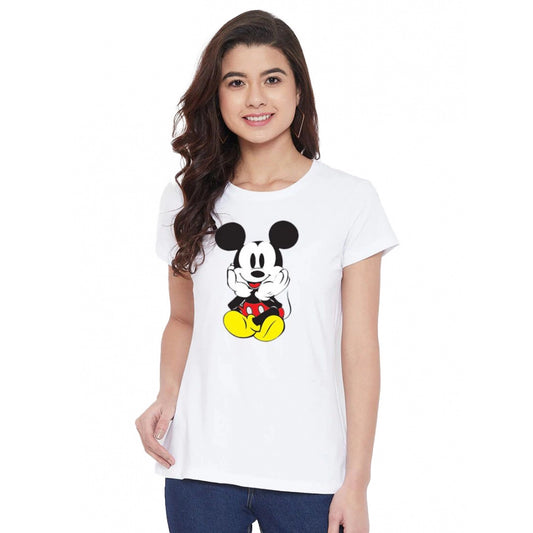 Amfyn Women's Cotton Blend Mickey Mouse Printed T-Shirt (White)