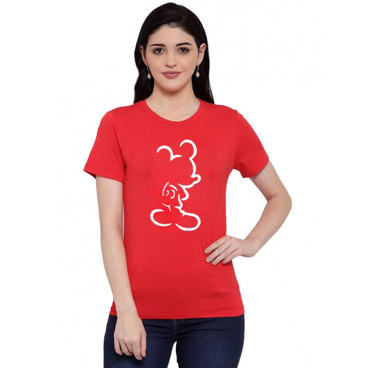 Amfyn Women's Cotton Blend Mickey Mouse Line Art Printed T-Shirt (Red)