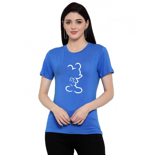 Amfyn Women's Cotton Blend Mickey Mouse Line Art Printed T-Shirt (Blue)