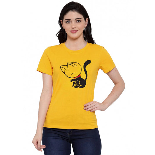 Amfyn Women's Cotton Blend Cat Printed T-Shirt (Yellow)